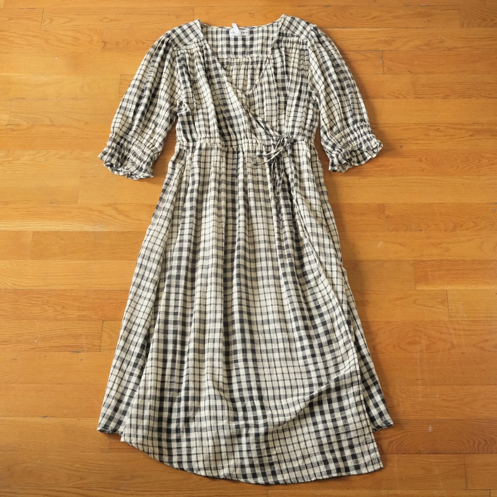 Apiece Apart Lucinda Wrap Dress Women Black Plaid Cotton Midi XL Check Boho